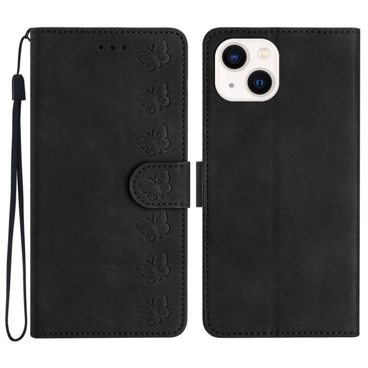 Seven Butterflies Embossed Leather Phone Case, For iPhone 16, For iPhone 15 Pro Max, For iPhone 15 Pro, For iPhone 15 Plus, For iPhone 15, For iPhone 14 Plus, For iPhone 14, For iPhone 14 Pro