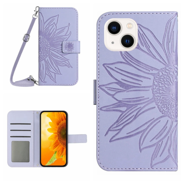 Skin Feel Sun Flower Embossed Flip Leather Phone Case with Lanyard, For iPhone 16, For iPhone 15 Pro Max, For iPhone 15 Pro, For iPhone 15 Plus