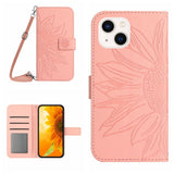 Skin Feel Sun Flower Embossed Flip Leather Phone Case with Lanyard, For iPhone 16, For iPhone 15 Pro Max, For iPhone 15 Pro, For iPhone 15 Plus