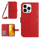 Skin Feel Sun Flower Embossed Flip Leather Phone Case with Lanyard, For iPhone 16, For iPhone 15 Pro Max, For iPhone 15 Pro, For iPhone 15 Plus