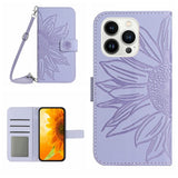 Skin Feel Sun Flower Embossed Flip Leather Phone Case with Lanyard, For iPhone 16, For iPhone 15 Pro Max, For iPhone 15 Pro, For iPhone 15 Plus