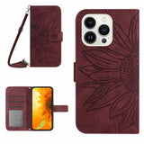 Skin Feel Sun Flower Embossed Flip Leather Phone Case with Lanyard, For iPhone 16, For iPhone 15 Pro Max, For iPhone 15 Pro, For iPhone 15 Plus