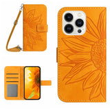Skin Feel Sun Flower Embossed Flip Leather Phone Case with Lanyard, For iPhone 16, For iPhone 15 Pro Max, For iPhone 15 Pro, For iPhone 15 Plus
