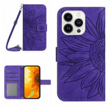 Skin Feel Sun Flower Embossed Flip Leather Phone Case with Lanyard, For iPhone 16, For iPhone 15 Pro Max, For iPhone 15 Pro, For iPhone 15 Plus