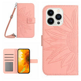 Skin Feel Sun Flower Embossed Flip Leather Phone Case with Lanyard, For iPhone 16, For iPhone 15 Pro Max, For iPhone 15 Pro, For iPhone 15 Plus