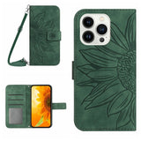 Skin Feel Sun Flower Embossed Flip Leather Phone Case with Lanyard, For iPhone 16, For iPhone 15 Pro Max, For iPhone 15 Pro, For iPhone 15 Plus