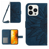 Skin Feel Sun Flower Embossed Flip Leather Phone Case with Lanyard, For iPhone 16, For iPhone 15 Pro Max, For iPhone 15 Pro, For iPhone 15 Plus