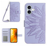 Skin Feel Sun Flower Embossed Flip Leather Phone Case with Lanyard, For iPhone 16, For iPhone 15 Pro Max, For iPhone 15 Pro, For iPhone 15 Plus