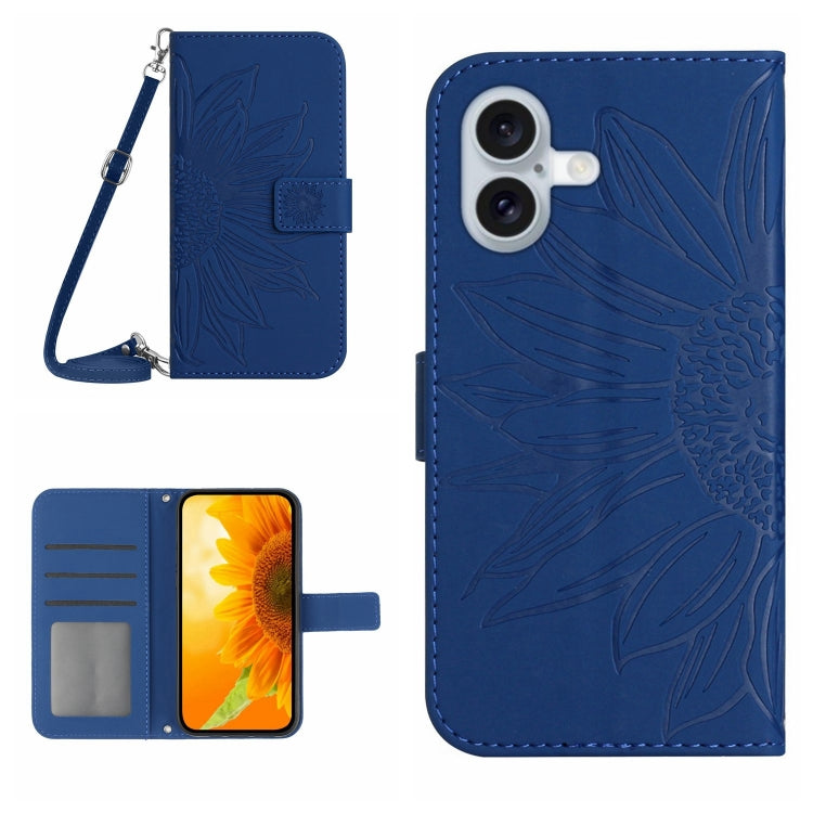 Skin Feel Sun Flower Embossed Flip Leather Phone Case with Lanyard, For iPhone 16, For iPhone 15 Pro Max, For iPhone 15 Pro, For iPhone 15 Plus