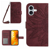 Skin Feel Sun Flower Embossed Flip Leather Phone Case with Lanyard, For iPhone 16, For iPhone 15 Pro Max, For iPhone 15 Pro, For iPhone 15 Plus