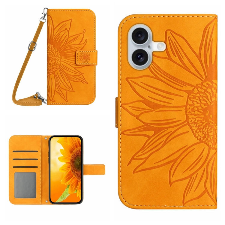 Skin Feel Sun Flower Embossed Flip Leather Phone Case with Lanyard, For iPhone 16, For iPhone 15 Pro Max, For iPhone 15 Pro, For iPhone 15 Plus