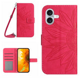 Skin Feel Sun Flower Embossed Flip Leather Phone Case with Lanyard, For iPhone 16, For iPhone 15 Pro Max, For iPhone 15 Pro, For iPhone 15 Plus