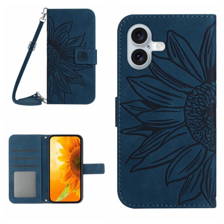 Skin Feel Sun Flower Embossed Flip Leather Phone Case with Lanyard, For iPhone 16, For iPhone 15 Pro Max, For iPhone 15 Pro, For iPhone 15 Plus
