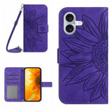 Skin Feel Sun Flower Embossed Flip Leather Phone Case with Lanyard, For iPhone 16, For iPhone 15 Pro Max, For iPhone 15 Pro, For iPhone 15 Plus
