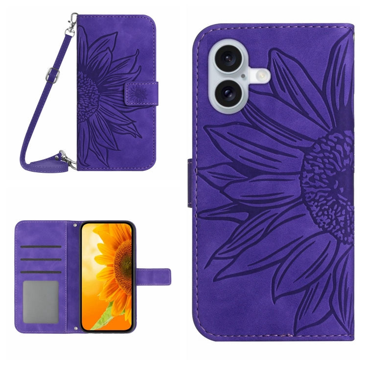Skin Feel Sun Flower Embossed Flip Leather Phone Case with Lanyard, For iPhone 16, For iPhone 15 Pro Max, For iPhone 15 Pro, For iPhone 15 Plus