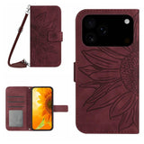 Skin Feel Sun Flower Embossed Flip Leather Phone Case with Lanyard, For iPhone 17e / 16e, For iPhone 17 Pro Max, For iPhone 17 Pro, For iPhone 17