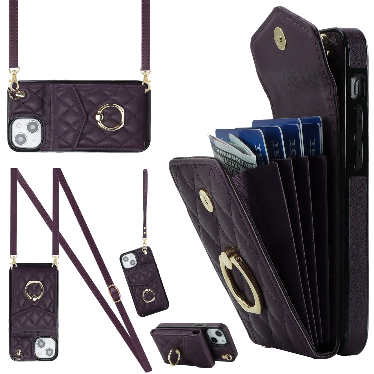 Rhombic Texture Card Bag Phone Case with Long Lanyard, For iPhone 15 Pro, For iPhone 15 Plus, For iPhone 15, For iPhone 14 Plus, For iPhone 14, For iPhone 14 Pro