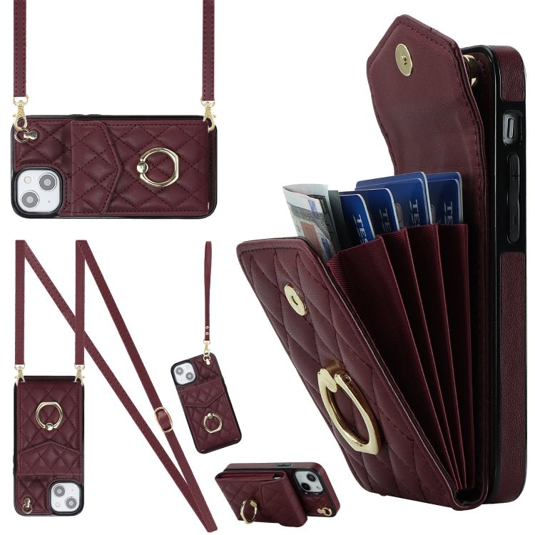 Rhombic Texture Card Bag Phone Case with Long Lanyard, For iPhone 14 Pro Max, For iPhone 13 Pro Max, For iPhone 13 Pro, For iPhone 13, For iPhone 12 / 12 Pro, For iPhone 12 Pro Max