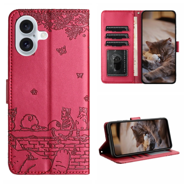Cat Embossing Pattern Leather Phone Case with Lanyard, For iPhone 16e / 17e, For iPhone 17 Pro Max, For iPhone 17 Pro, For iPhone 17, For iPhone Air, For iPhone 16 Pro Max, For iPhone 16 Pro, For iPhone 16 Plus, For iPhone 16