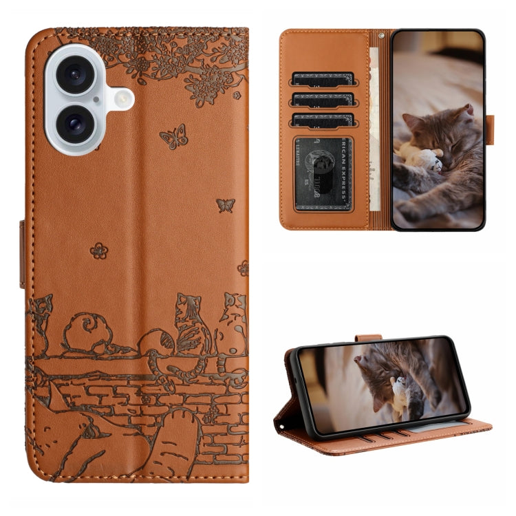 Cat Embossing Pattern Leather Phone Case with Lanyard, For iPhone 16e / 17e, For iPhone 17 Pro Max, For iPhone 17 Pro, For iPhone 17, For iPhone Air, For iPhone 16 Pro Max, For iPhone 16 Pro, For iPhone 16 Plus, For iPhone 16