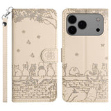 Cat Embossing Pattern Leather Phone Case with Lanyard, For iPhone 16e / 17e, For iPhone 17 Pro Max, For iPhone 17 Pro, For iPhone 17, For iPhone Air, For iPhone 16 Pro Max, For iPhone 16 Pro, For iPhone 16 Plus, For iPhone 16