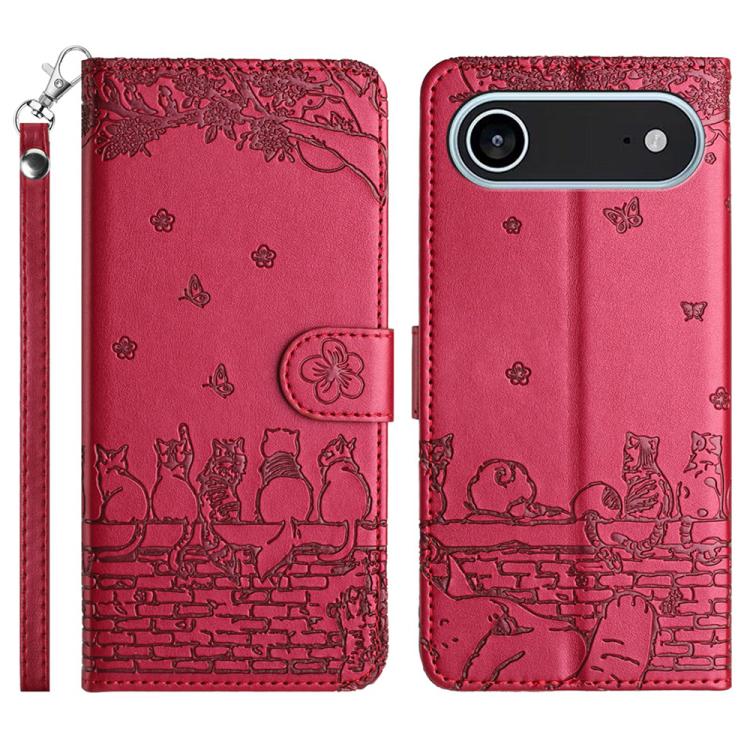 Cat Embossing Pattern Leather Phone Case with Lanyard, For iPhone 16e / 17e, For iPhone 17 Pro Max, For iPhone 17 Pro, For iPhone 17, For iPhone Air, For iPhone 16 Pro Max, For iPhone 16 Pro, For iPhone 16 Plus, For iPhone 16