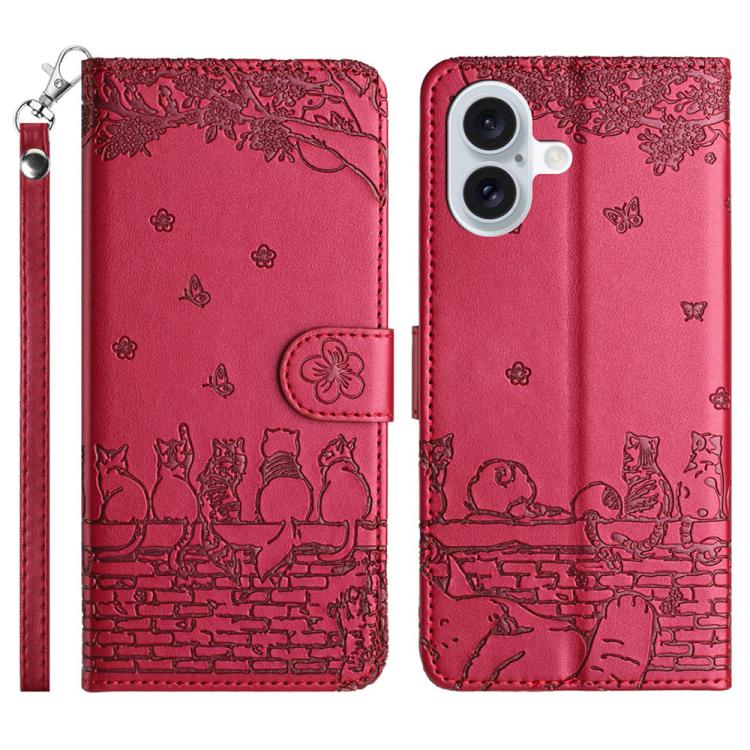 Cat Embossing Pattern Leather Phone Case with Lanyard, For iPhone 16e / 17e, For iPhone 17 Pro Max, For iPhone 17 Pro, For iPhone 17, For iPhone Air, For iPhone 16 Pro Max, For iPhone 16 Pro, For iPhone 16 Plus, For iPhone 16