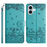 Cat Embossing Pattern Leather Phone Case with Lanyard, For iPhone 16e / 17e, For iPhone 17 Pro Max, For iPhone 17 Pro, For iPhone 17, For iPhone Air, For iPhone 16 Pro Max, For iPhone 16 Pro, For iPhone 16 Plus, For iPhone 16