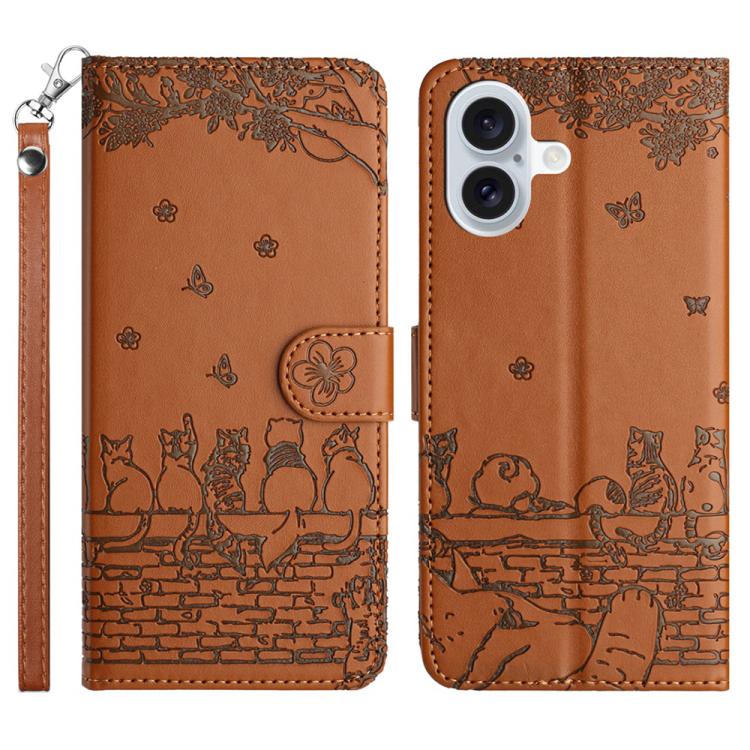 Cat Embossing Pattern Leather Phone Case with Lanyard, For iPhone 16e / 17e, For iPhone 17 Pro Max, For iPhone 17 Pro, For iPhone 17, For iPhone Air, For iPhone 16 Pro Max, For iPhone 16 Pro, For iPhone 16 Plus, For iPhone 16