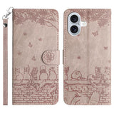 Cat Embossing Pattern Leather Phone Case with Lanyard, For iPhone 16e / 17e, For iPhone 17 Pro Max, For iPhone 17 Pro, For iPhone 17, For iPhone Air, For iPhone 16 Pro Max, For iPhone 16 Pro, For iPhone 16 Plus, For iPhone 16