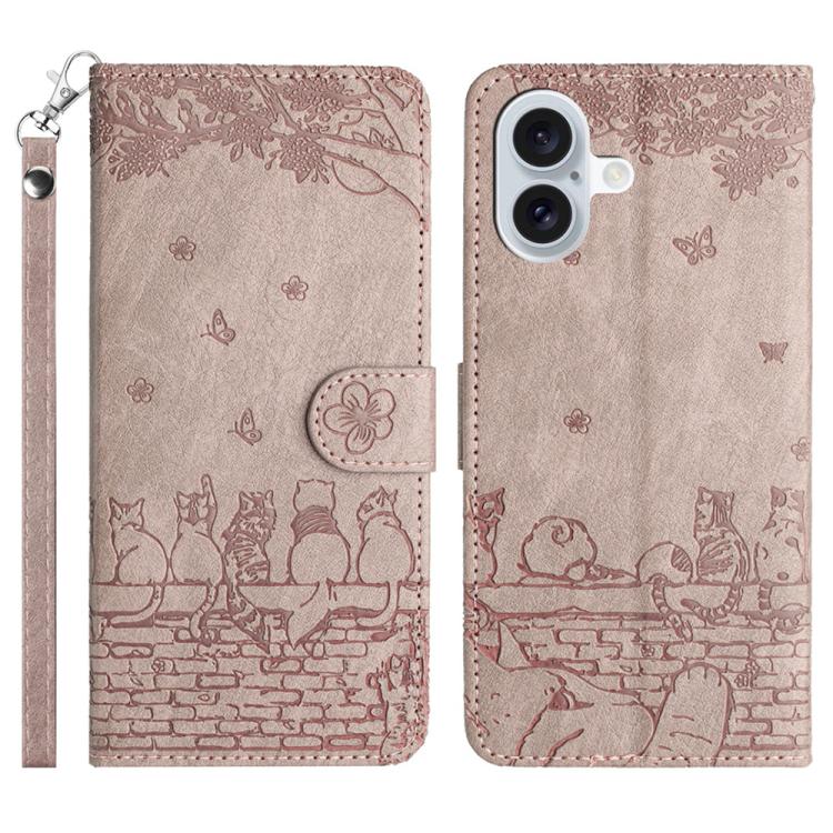 Cat Embossing Pattern Leather Phone Case with Lanyard, For iPhone 16e / 17e, For iPhone 17 Pro Max, For iPhone 17 Pro, For iPhone 17, For iPhone Air, For iPhone 16 Pro Max, For iPhone 16 Pro, For iPhone 16 Plus, For iPhone 16