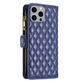 Diamond Lattice Zipper Wallet Leather Flip Phone Case, For iPhone 15 Pro Max, For iPhone 15 Pro, For iPhone 15 Plus, For iPhone 15