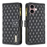 Diamond Lattice Zipper Wallet Leather Flip Phone Case, For iPhone 17 Pro Max, For iPhone 17 Pro, For iPhone 17, For iPhone Air, For iPhone 16 Pro Max, For iPhone 16 Pro, For iPhone 16 Plus, For iPhone 16
