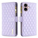 Diamond Lattice Zipper Wallet Leather Flip Phone Case, For iPhone 17 Pro Max, For iPhone 17 Pro, For iPhone 17, For iPhone Air, For iPhone 16 Pro Max, For iPhone 16 Pro, For iPhone 16 Plus, For iPhone 16