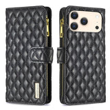 Diamond Lattice Zipper Wallet Leather Flip Phone Case, For iPhone 17 Pro Max, For iPhone 17 Pro, For iPhone 17, For iPhone Air, For iPhone 16 Pro Max, For iPhone 16 Pro, For iPhone 16 Plus, For iPhone 16