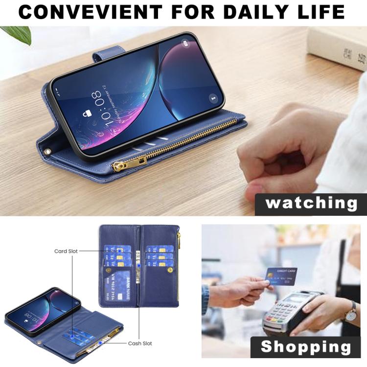 Diamond Lattice Zipper Wallet Leather Flip Phone Case, For iPhone 17 Pro Max, For iPhone 17 Pro, For iPhone 17, For iPhone Air, For iPhone 16 Pro Max, For iPhone 16 Pro, For iPhone 16 Plus, For iPhone 16