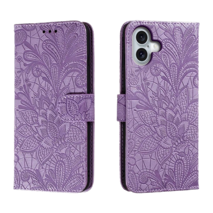 Lace Flower Embossing Flip Leather Phone Case, For iPhone 17e / 16e, For iPhone 17 Pro Max, For iPhone 17 Pro, For iPhone 17, For iPhone Air, For iPhone 16 Pro Max, For iPhone 16 Pro, For iPhone 16 Plus