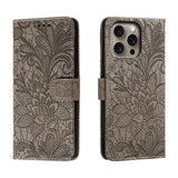 Lace Flower Embossing Flip Leather Phone Case, For iPhone 17e / 16e, For iPhone 17 Pro Max, For iPhone 17 Pro, For iPhone 17, For iPhone Air, For iPhone 16 Pro Max, For iPhone 16 Pro, For iPhone 16 Plus