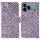 Lace Flower Embossing Flip Leather Phone Case, For iPhone 17e / 16e, For iPhone 17 Pro Max, For iPhone 17 Pro, For iPhone 17, For iPhone Air, For iPhone 16 Pro Max, For iPhone 16 Pro, For iPhone 16 Plus