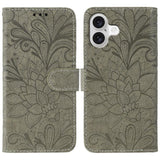 Lace Flower Embossing Flip Leather Phone Case, For iPhone 17e / 16e, For iPhone 17 Pro Max, For iPhone 17 Pro, For iPhone 17, For iPhone Air, For iPhone 16 Pro Max, For iPhone 16 Pro, For iPhone 16 Plus