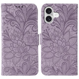 Lace Flower Embossing Flip Leather Phone Case, For iPhone 17e / 16e, For iPhone 17 Pro Max, For iPhone 17 Pro, For iPhone 17, For iPhone Air, For iPhone 16 Pro Max, For iPhone 16 Pro, For iPhone 16 Plus