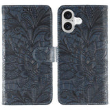 Lace Flower Embossing Flip Leather Phone Case, For iPhone 17e / 16e, For iPhone 17 Pro Max, For iPhone 17 Pro, For iPhone 17, For iPhone Air, For iPhone 16 Pro Max, For iPhone 16 Pro, For iPhone 16 Plus