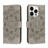 Sun Mandala Embossing Leather Phone Case, For iPhone 16e / 17e, For iPhone 17 Pro Max, For iPhone 17 Pro, For iPhone 17, For iPhone Air, For iPhone 15 Pro Max
