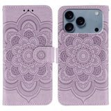 Sun Mandala Embossing Leather Phone Case, For iPhone 16e / 17e, For iPhone 17 Pro Max, For iPhone 17 Pro, For iPhone 17, For iPhone Air, For iPhone 15 Pro Max