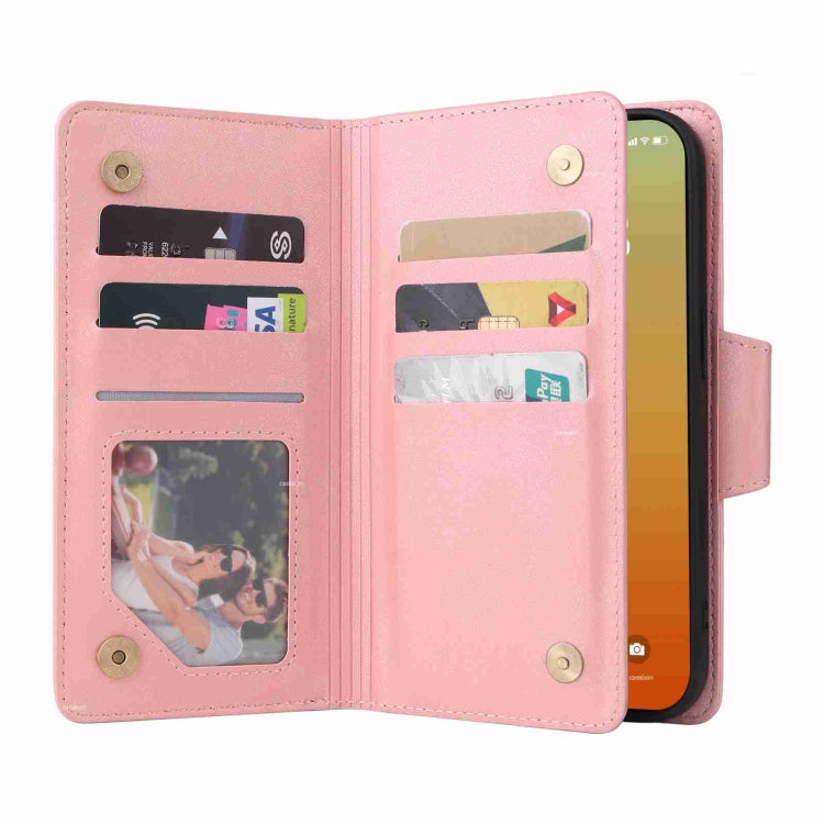 Rivet Buckle 9 Cards Three Fold Leather Phone Case, For iPhone 15 Pro Max, For iPhone 15 Pro, For iPhone 15 Plus, For iPhone 15