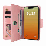 Rivet Buckle 9 Cards Three Fold Leather Phone Case, For iPhone 15 Pro Max, For iPhone 15 Pro, For iPhone 15 Plus, For iPhone 15