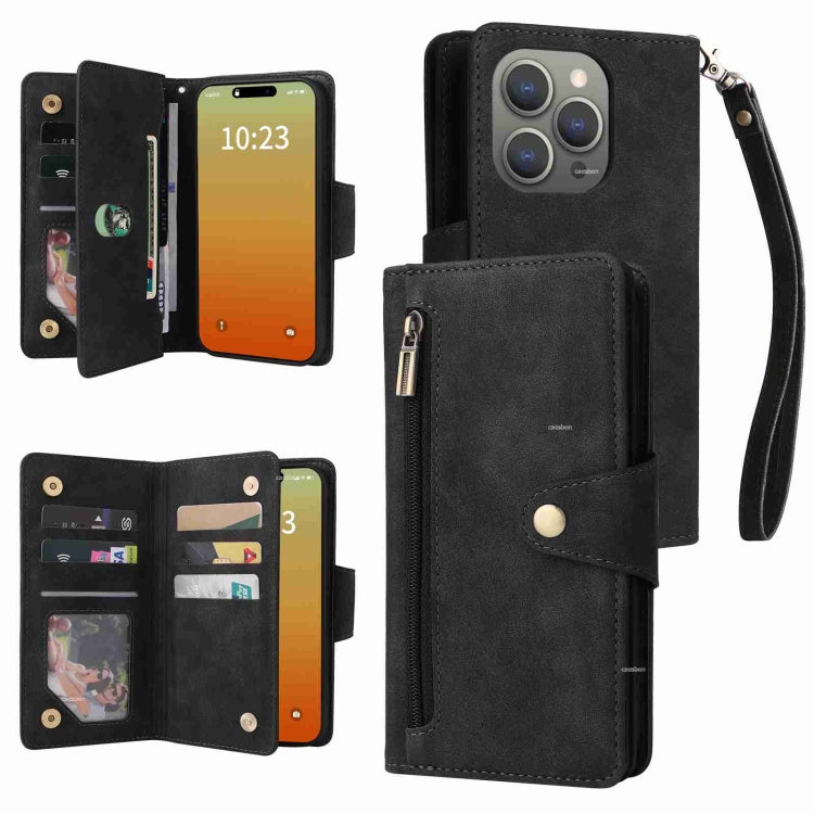 Rivet Buckle 9 Cards Three Fold Leather Phone Case, For iPhone 15 Pro Max, For iPhone 15 Pro, For iPhone 15 Plus, For iPhone 15