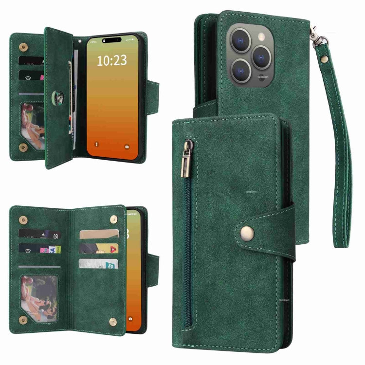 Rivet Buckle 9 Cards Three Fold Leather Phone Case, For iPhone 15 Pro Max, For iPhone 15 Pro, For iPhone 15 Plus, For iPhone 15