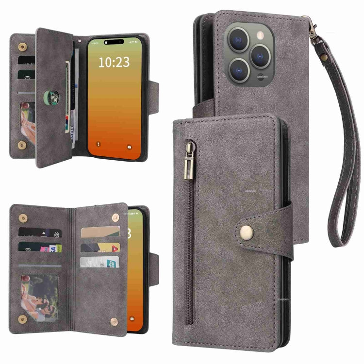 Rivet Buckle 9 Cards Three Fold Leather Phone Case, For iPhone 15 Pro Max, For iPhone 15 Pro, For iPhone 15 Plus, For iPhone 15