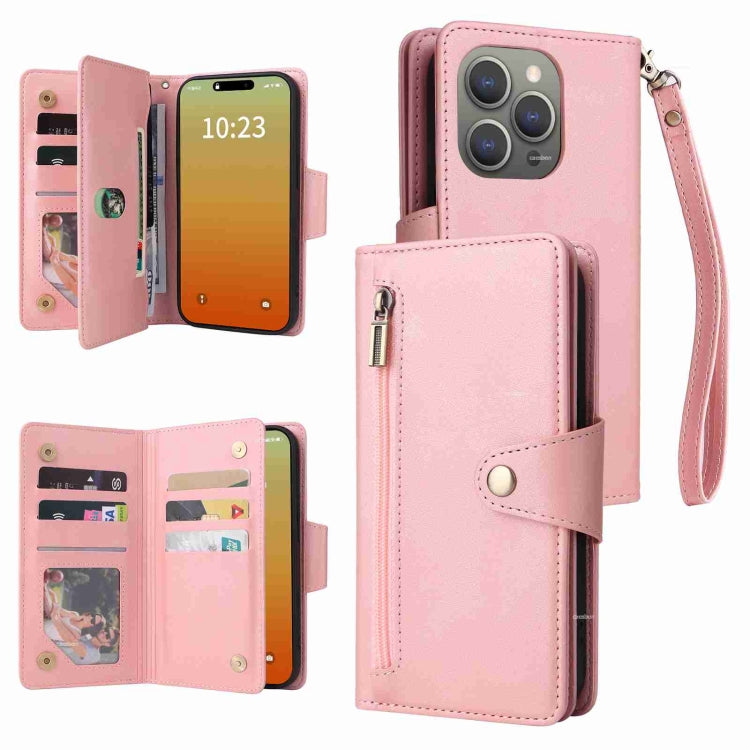 Rivet Buckle 9 Cards Three Fold Leather Phone Case, For iPhone 15 Pro Max, For iPhone 15 Pro, For iPhone 15 Plus, For iPhone 15